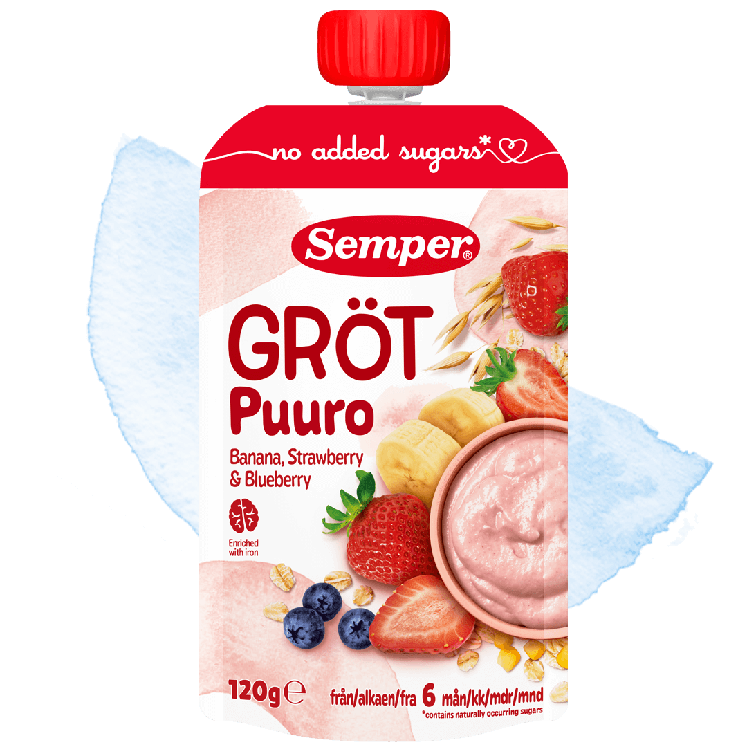 Spiseklar barnegrøt med jordbær, banan & blåbær