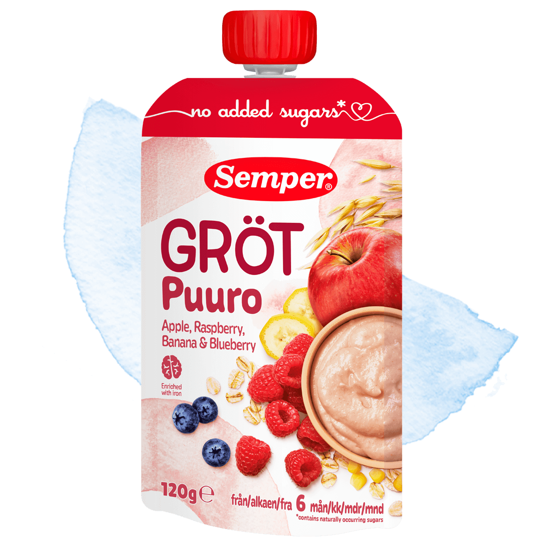 Spiseklar grøt med eple, bringebær, banan & blåbær